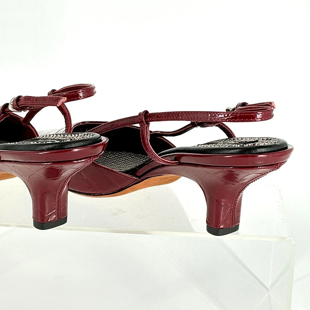 Vince Size 8.5 Burgundy Croc Print Leather Slingback Kitten Heels NEW Pumps $375